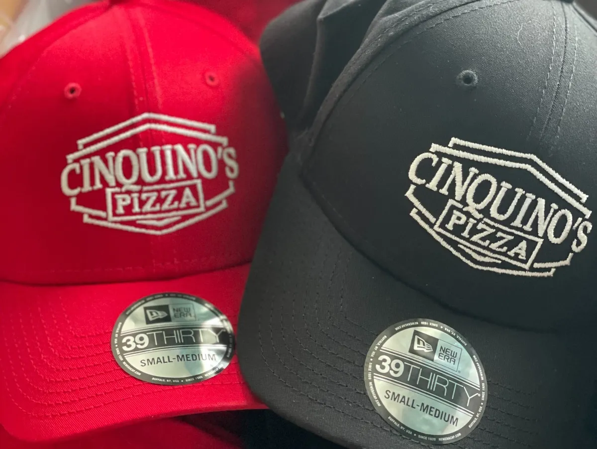 Cinquino's Pizza hats in red and black